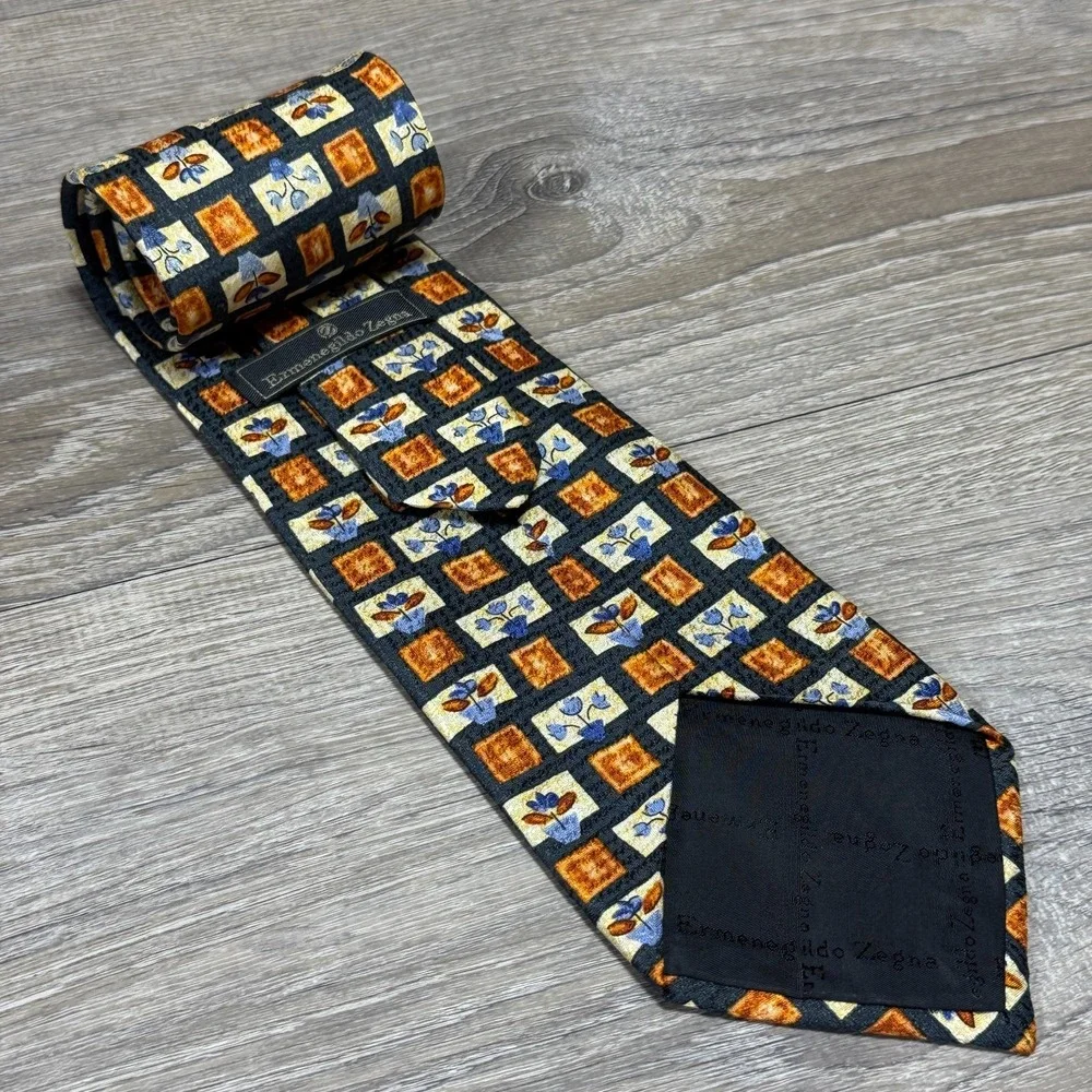 Ermenegildo Zegna Neck Tie Handmade Luxury 100% Silk Floral‎ Retro Mid-Century
